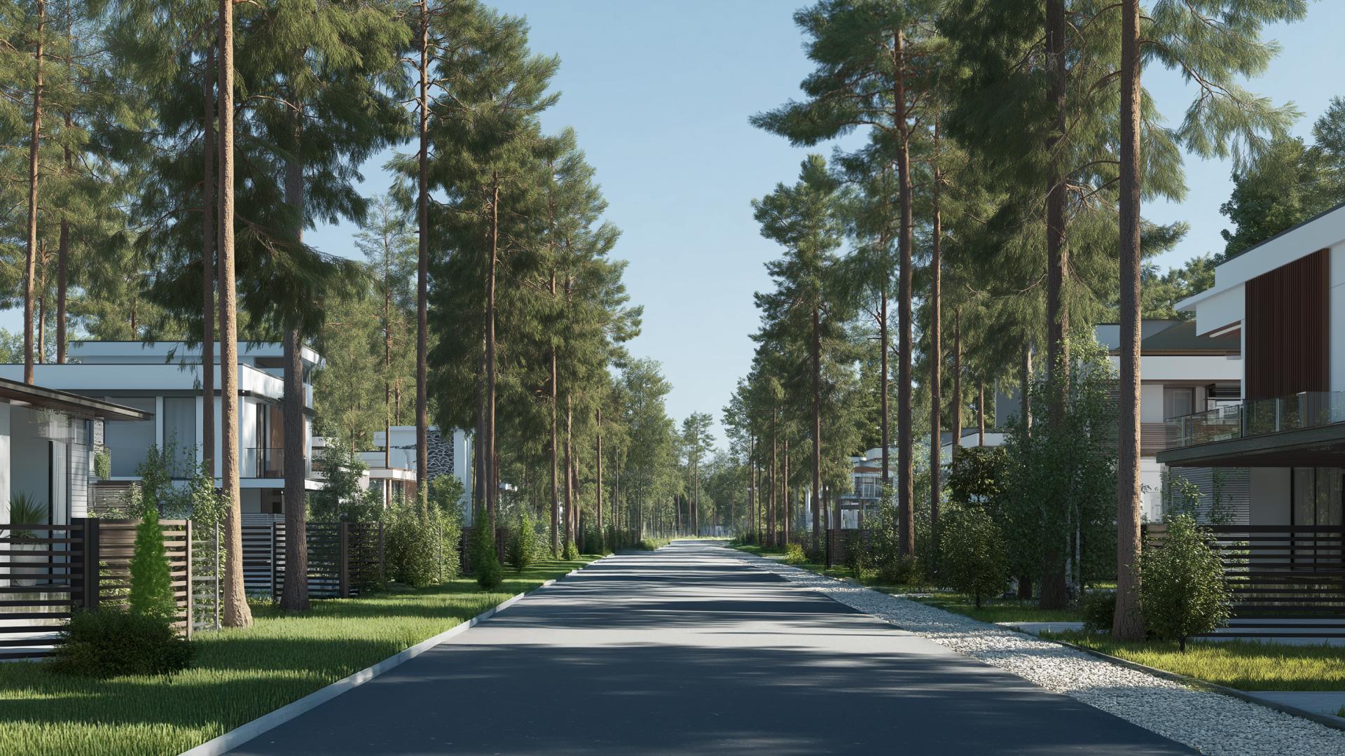 Улица коттеджного посёлка Highwood Residence среди соснового бора