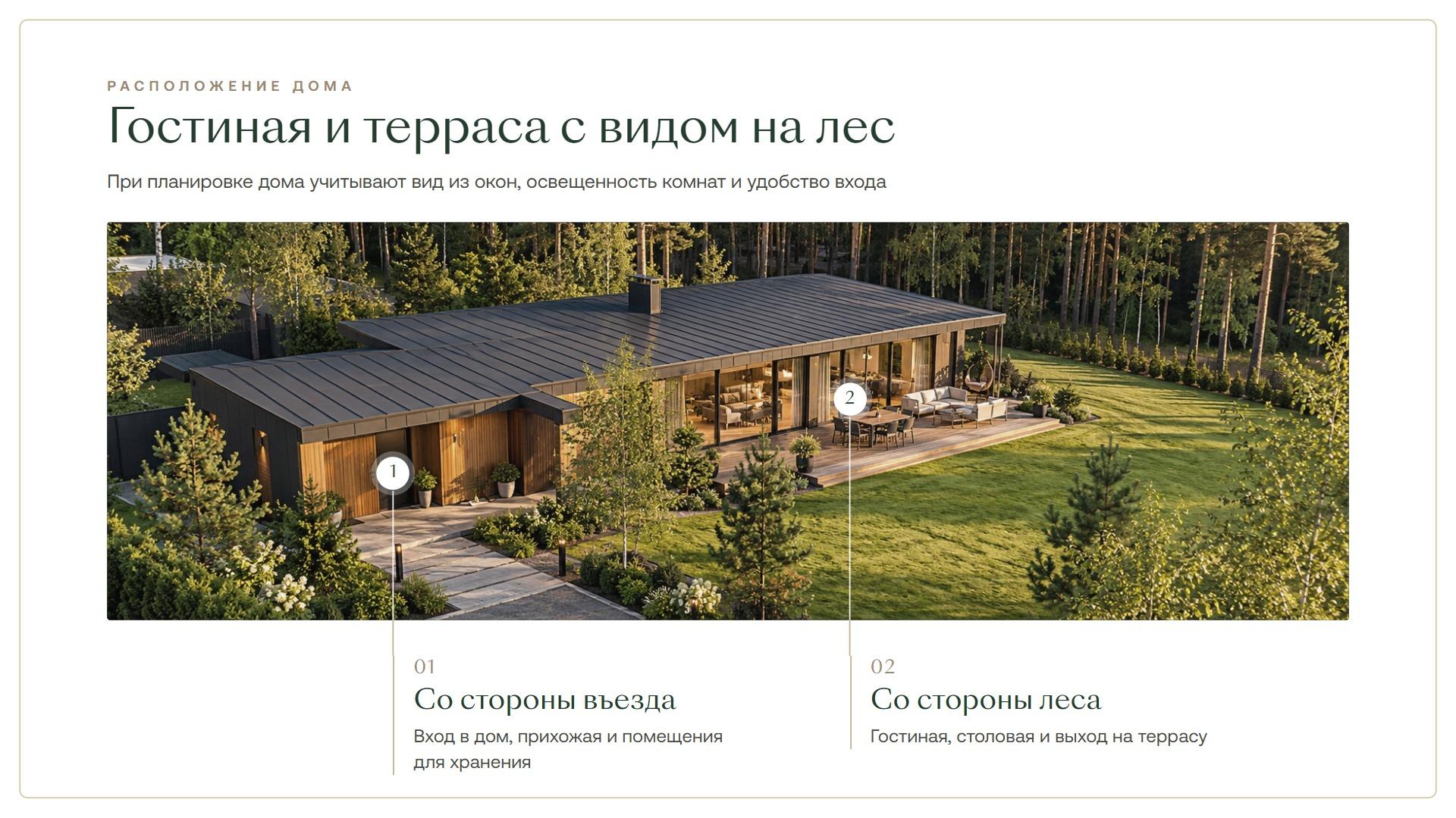 Гостиная и терраса с видом на лес: со стороны въезда вход в дом, прихожая и помещения для хранения, со стороны леса гостиная, столовая и выход на террасу